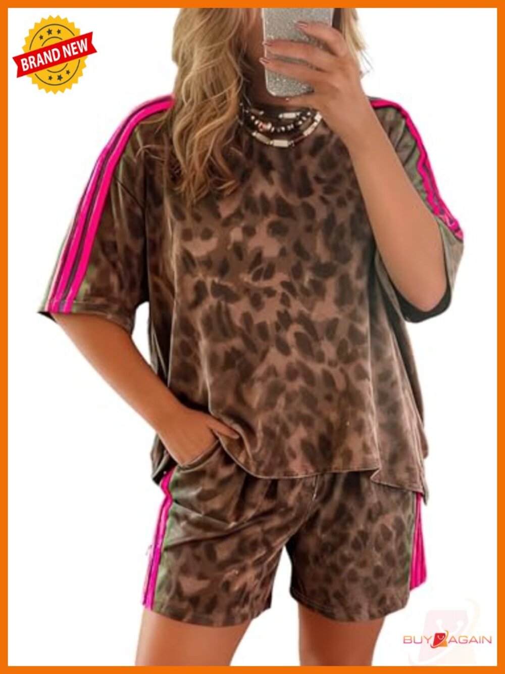 Women's 2 Piece Short Set Crewneck Short Sleeve Animal Print Lounge Outfit